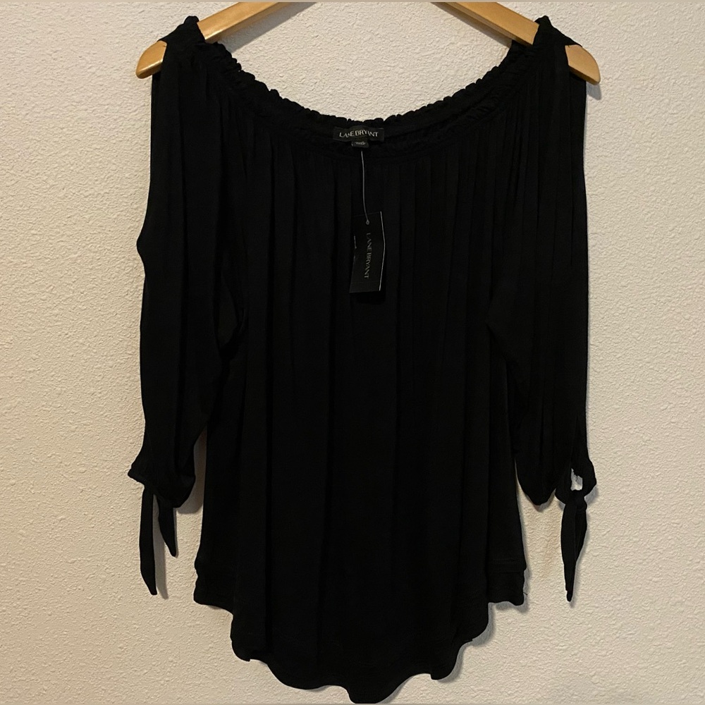 LANE BRYANT Womens Black Tie Up Split Sleeve Cold Shoulder Blouse Size 14/16